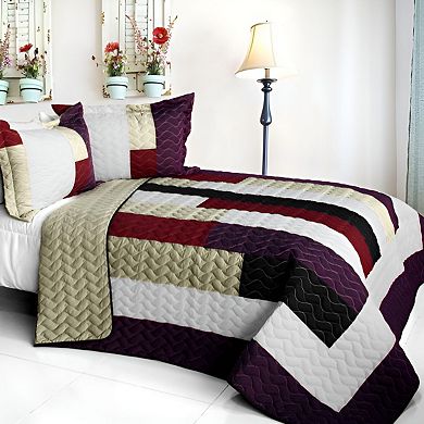 3Pc Color Block Patchwork Quilt Bed Set TC Fabric with Handmade Stitch Detail, Matching Pillow Shams