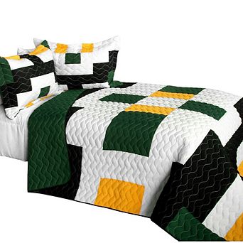 3 pc Color Block Patchwork TC Fabric Quilt Bedding Set Vermicelli Stitch Texture with Quilted Shams