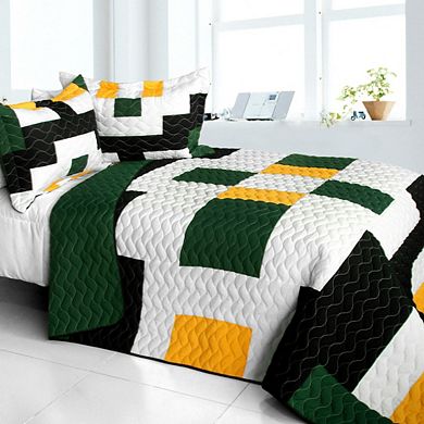 3Pc Color Block Patchwork TC Fabric Quilt Bedding Set Vermicelli Stitch Texture with Quilted Shams