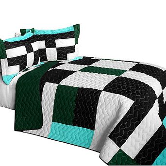 3 pc Color Block Quilt Bed Set TC Fabric with Handmade Stitch Detail and Matching Pillow Shams