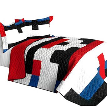 3 pc Color Block Quilt Bed Set TC Fabric with Handmade Stitch Detail and Matching Pillow Shams