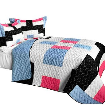 3 pc Modern Color Block Quilt Bedding Set Lightweight Layering with Coordinated Quilted Shams