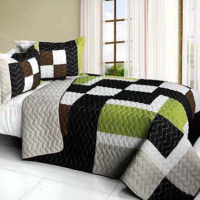 3 Piece Geometric TC Fabric Quilt Bedding Set Vermicelli Stitch Texture with Quilted Shams