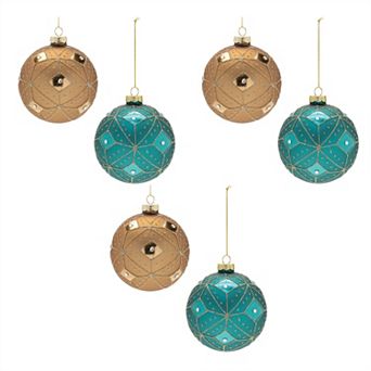 6 pc Glass Christmas Ball Ornaments with Geometric Glitter Pattern for Tree Wreath Garland, Mantel
