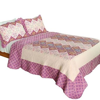 3 pc Modern Geometric Cotton Quilt Bedspread Set with Detailed Stitch Surface and Pillow Shams