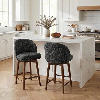 Set of 2 Swivel Upholstered Fabric Counter Stools Mid-Century Bar Stools with Wood Legs