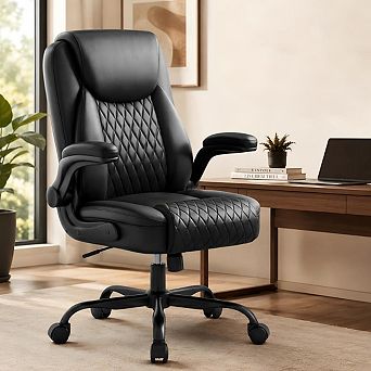 GTPLAYER Leather Office Chair with Flip-up Arms, Ergonomic Support