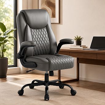 GTPLAYER Leather Office Chair with Flip-up Arms, Ergonomic Support