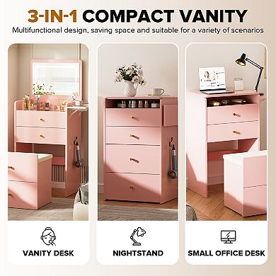 GTPLAYER 3-in-1 Makeup Vanity Desk with Mirror, Lights, Drawers and Storage Stool