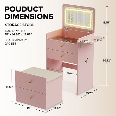 GTPLAYER 3-in-1 Makeup Vanity Desk with Mirror, Lights, Drawers and Storage Stool