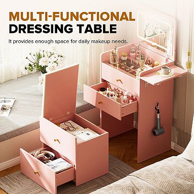 GTPLAYER 3-in-1 Makeup Vanity Desk with Mirror, Lights, Drawers and Storage Stool