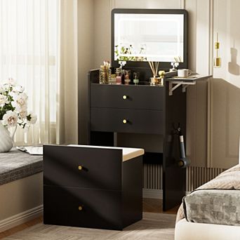 GTPLAYER 3-in-1 Makeup Vanity Desk with Mirror, Lights, Drawers and Storage Stool