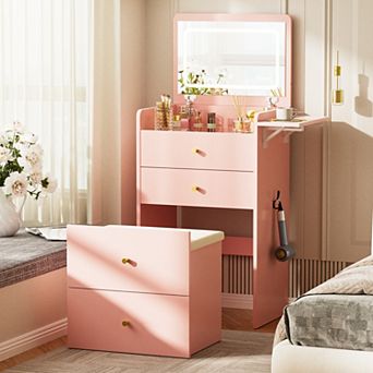 GTPLAYER 3-in-1 Makeup Vanity Desk with Mirror, Lights, Drawers and Storage Stool