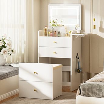 GTPLAYER 3-in-1 Makeup Vanity Desk with Mirror, Lights, Drawers and Storage Stool