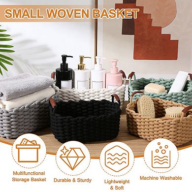 2Pcs Woven Basket Cotton Rope Storage Baskets with PU Handle