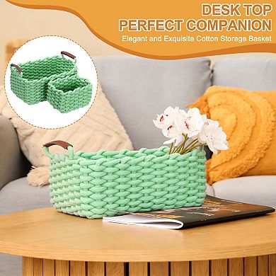 2Pcs Woven Basket Cotton Rope Storage Baskets with PU Handle