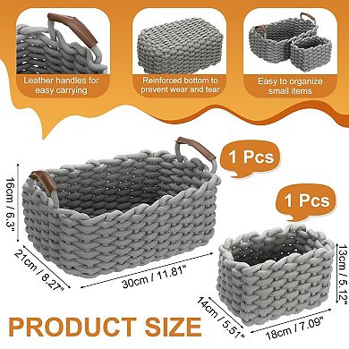 2Pcs Woven Basket Cotton Rope Storage Baskets with PU Handle