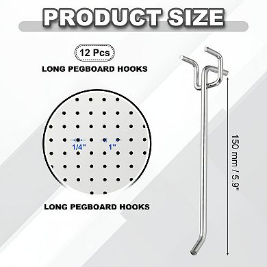 12PCS 1mm Peg Board Hooks Kit Pegboard Garage for Shelving Tool 5.9 Inch (L), Silver Tone