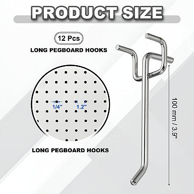 12PCS 1.2mm Peg Board Hooks Kit Pegboard Garage for Shelving Tool 3.9 Inch (L), Silver Tone