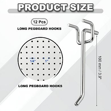 12PCS 1mm Peg Board Hooks Kit Pegboard Garage for Shelving Tool 3.9 Inch (L), Silver Tone