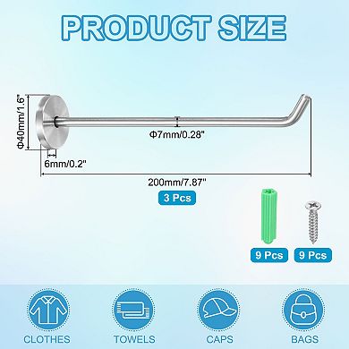 7.87 Inch(L) 3Pcs Bathroom Towel Hooks Round Wall Mounted Hook, Silver
