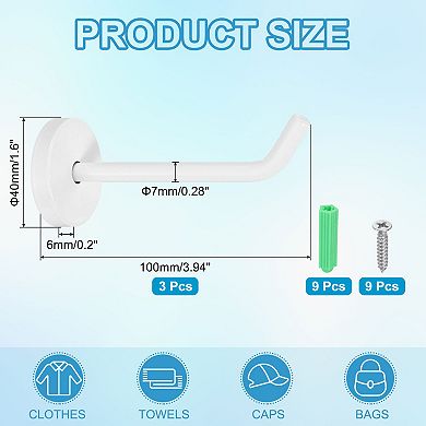3.94 Inch(L) 3Pcs Bathroom Towel Hooks Round Wall Mounted Hook, White
