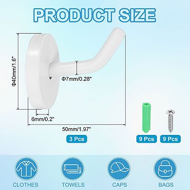 1.97 Inch(L) 3Pcs Bathroom Towel Hooks Round Wall Mounted Hook, White
