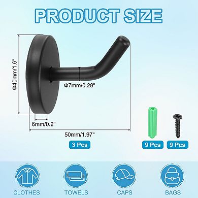 1.97 Inch(L) 3Pcs Bathroom Towel Hooks Round Wall Mounted Hook, Black