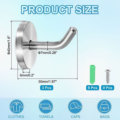 1.97 Inch(L) 3Pcs Bathroom Towel Hooks Round Wall Mounted Hook, Silver