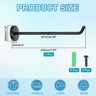 7.87 Inch(L) 3Pcs Bathroom Towel Hooks Round Wall Mounted Hook, Black