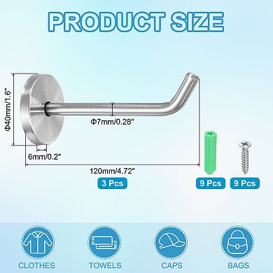 3.94 Inch(L) 3Pcs Bathroom Towel Hooks Round Wall Mounted Hook, Silver