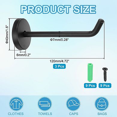 4.72 Inch(L) 3Pcs Bathroom Towel Hooks Round Wall Mounted Hook, Black