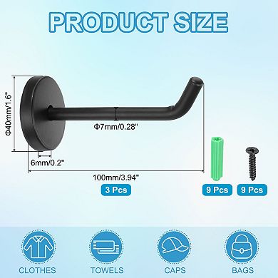 3.94 Inch(L) 3Pcs Bathroom Towel Hooks Round Wall Mounted Hook, Black