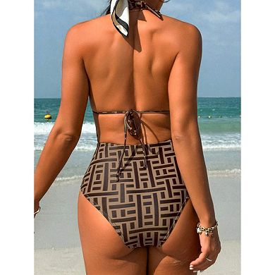 Women's Halter Deep V One-Piece Swimsuit with Waist Cinching