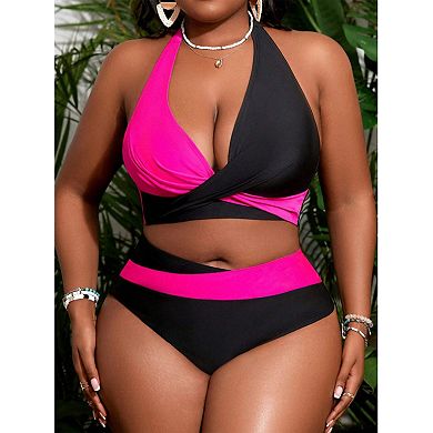 Women's Colorblock Halter Bikini Set - High Waisted Two Piece Swimsuit