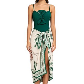 Women's 2 pc Swimsuit Set - Bow Front One-Piece & Printed Sarong Cover-Up