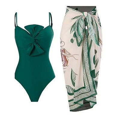 Women's 2-Piece Swimsuit Set - Bow Front One-Piece & Printed Sarong Cover-Up