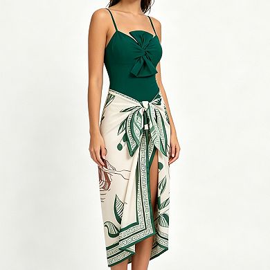 Women's 2-Piece Swimsuit Set - Bow Front One-Piece & Printed Sarong Cover-Up