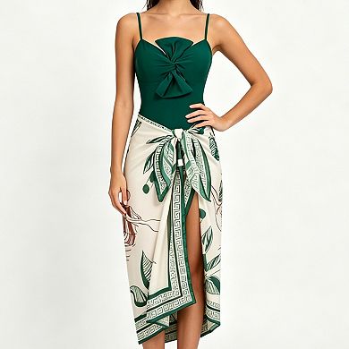 Women's 2-Piece Swimsuit Set - Bow Front One-Piece & Printed Sarong Cover-Up