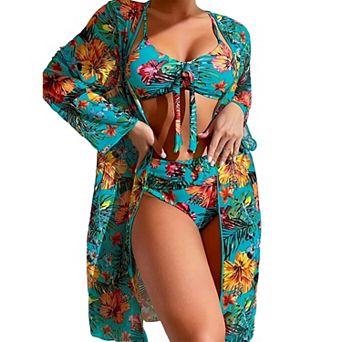 Women's Tropical Floral 3 pc Bikini Set - Tie Front Top, High Waist Bottom, Long Sleeve Cover Up