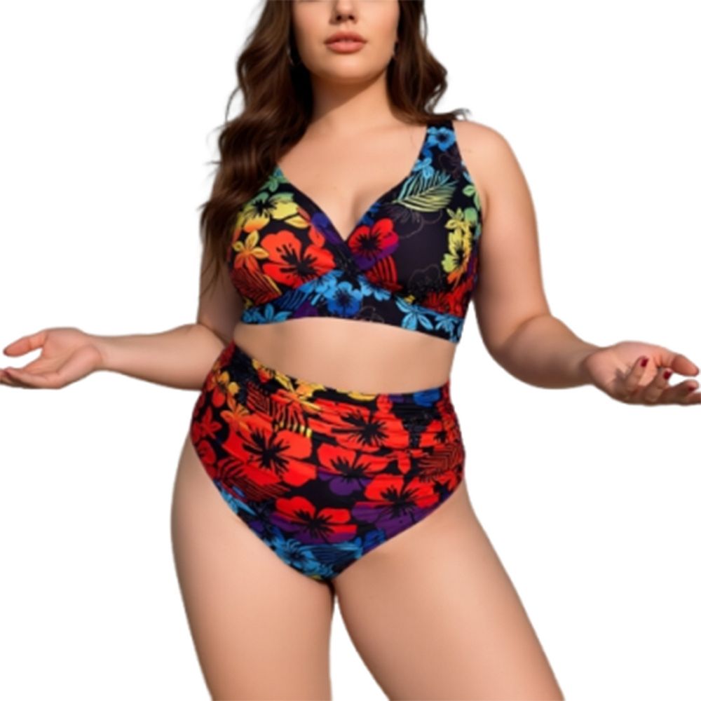Women's Floral Print V-Neck High Waisted Two-Piece Bikini Set