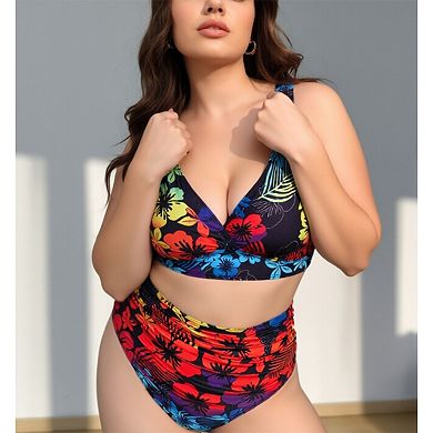 Women's Floral Print V-Neck High Waisted Two-Piece Bikini Set