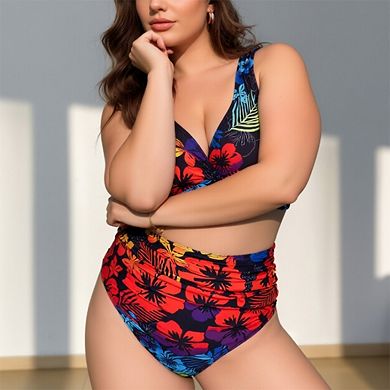 Women's Floral Print V-Neck High Waisted Two-Piece Bikini Set
