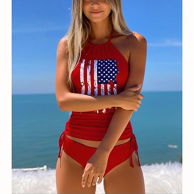 Women's Distressed Flag Print Tankini Set - Halter Top with Drawstring Sides and Bikini Bottoms