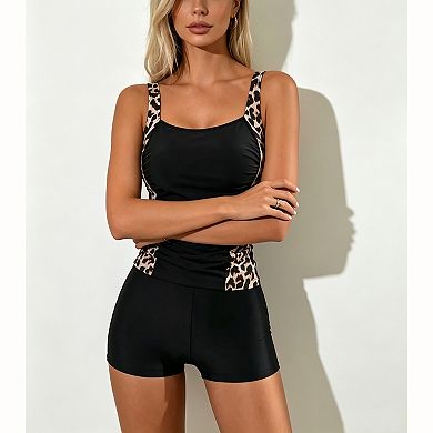Women's Leopard Print Tankini Set - Square Neck with Boy Shorts