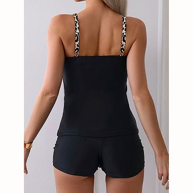 Women's Leopard Print Tankini Set - Square Neck with Boy Shorts