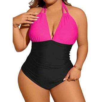 Women's Colorblock Halter One-Piece Swimsuit - Ruched Tummy Control Swimwear