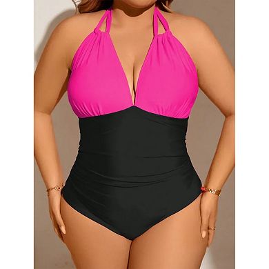 Women's Colorblock Halter One-Piece Swimsuit - Ruched Tummy Control Swimwear