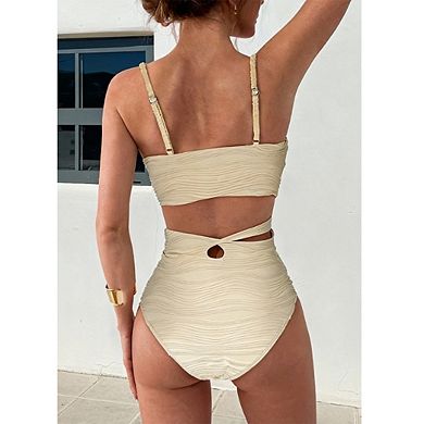 Women's Textured Wave 2 Piece High Waist Bikini Set with O‑Ring Hardware