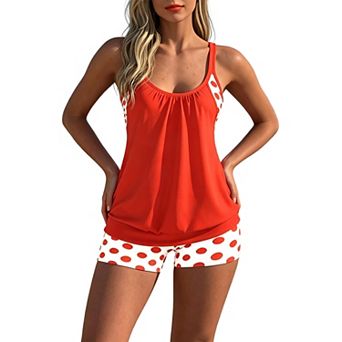 Women's Polka Dot Trim Tankini Set - Scoop Neck Loose Fit Top with Boyshort Bottom